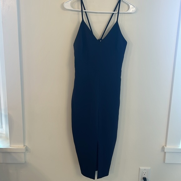 LIKELY Navy Blue Brooklyn Cocktail Midi Dress Front Slit- 2 - Picture 4 of 8